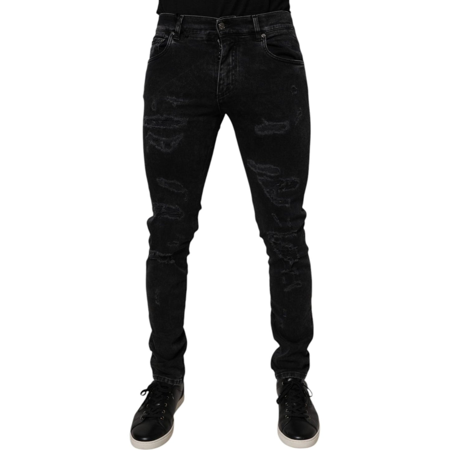 Dolce & Gabbana Black Tattered Cotton Skinny Men Denim Jeans PAN75286-46