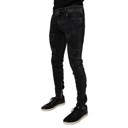 Dolce & Gabbana Black Tattered Cotton Skinny Men Denim Jeans