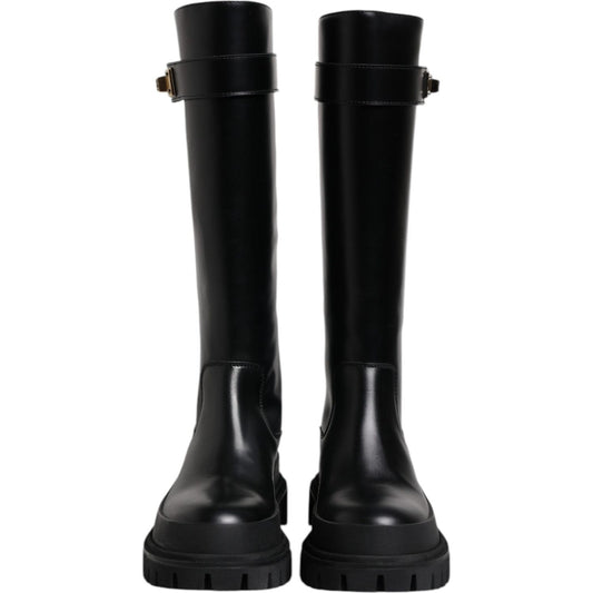 Dolce & Gabbana Black DG Logo Calf Leather High Boots Shoes