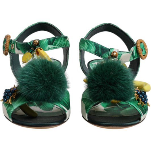 Dolce & Gabbana Green Crystal Fur Embellished Sandals Shoes
