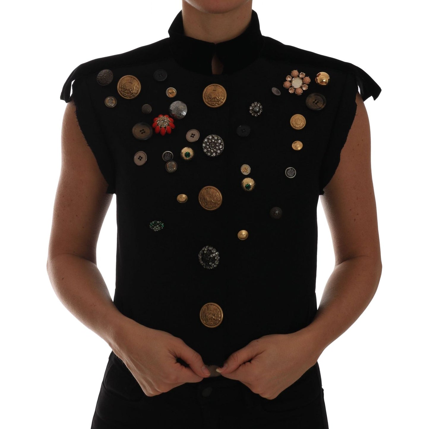 Dolce & Gabbana Black Embellished Floral Military Jacket Vest TSH2410-40
