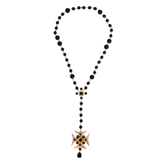 Dolce & Gabbana Gold Tone Brass Cross Black Beaded Chain Rosary Necklace SMY10549
