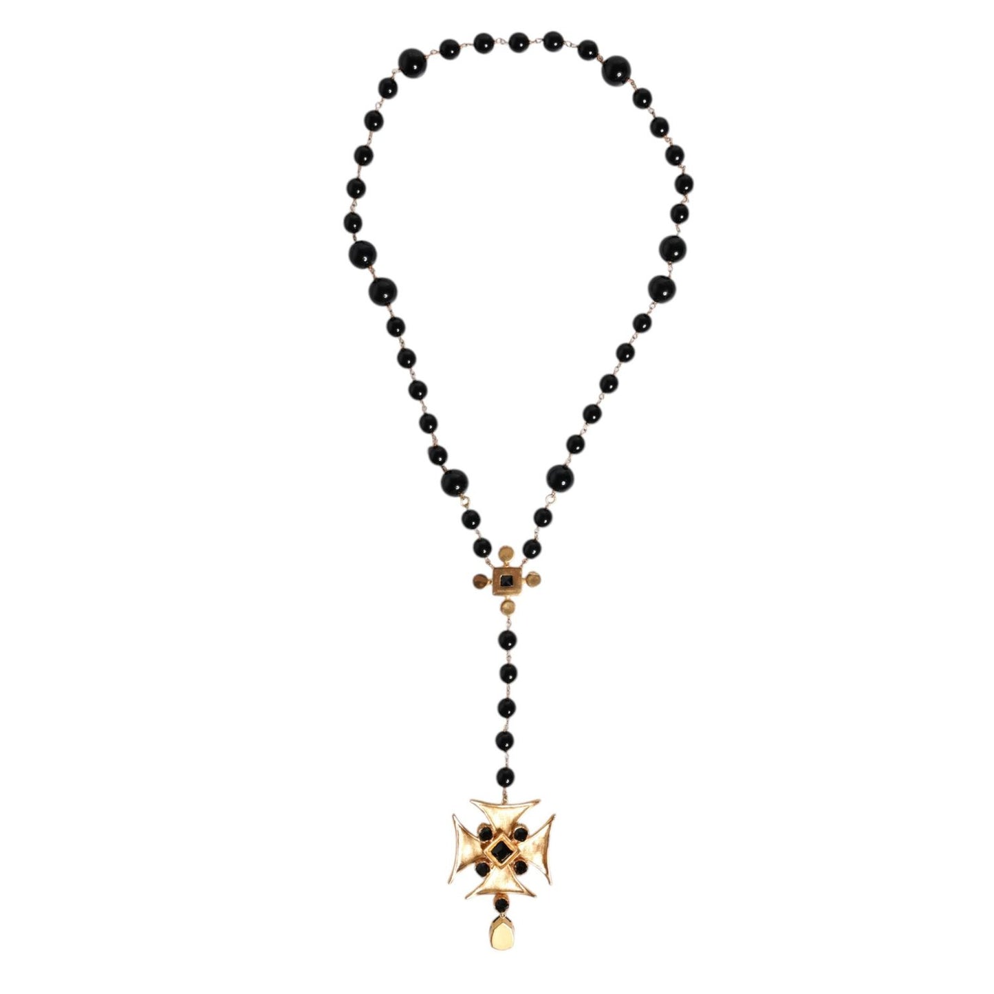 Dolce & Gabbana Gold Tone Brass Cross Black Beaded Chain Rosary Necklace