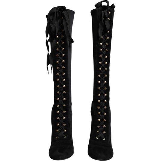 Dolce & Gabbana Black Lace Up Heels High Boots Shoes LA12500-39