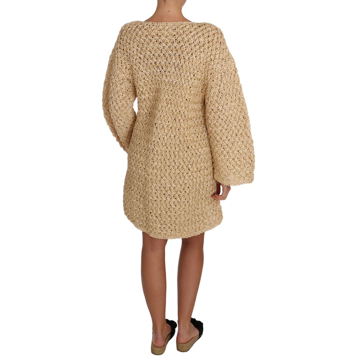 Dolce & Gabbana Beige Cardigan Crochet Knitted Raffia Sweater