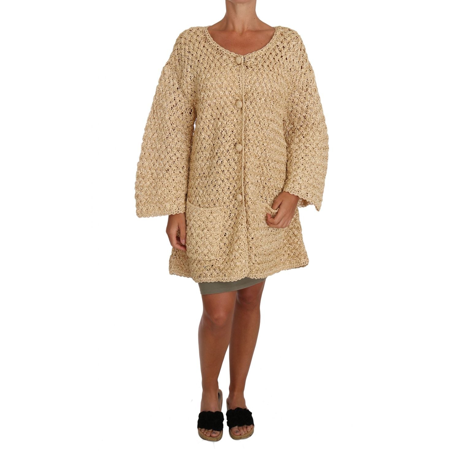 Dolce & Gabbana Beige Cardigan Crochet Knitted Raffia Sweater