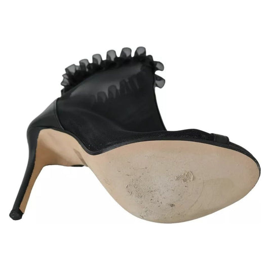 Mangano Black Leather Mesh Stiletto High Heels Peep Toe Boots Shoes