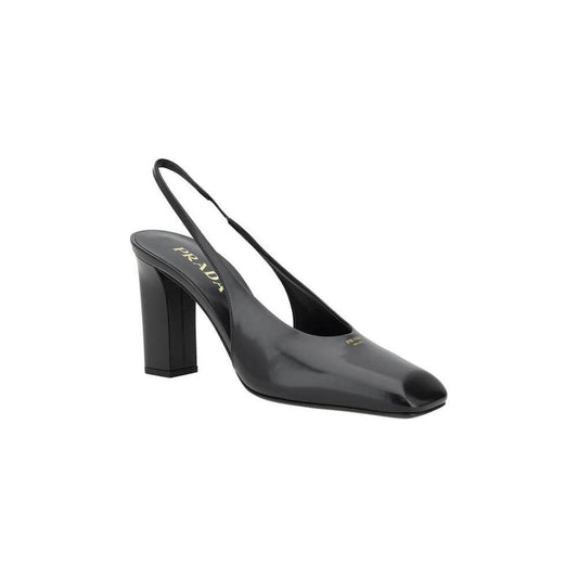 Prada leather pumps with square toe, monogram, slingback design, and geometric heel for a modern, elegant look.