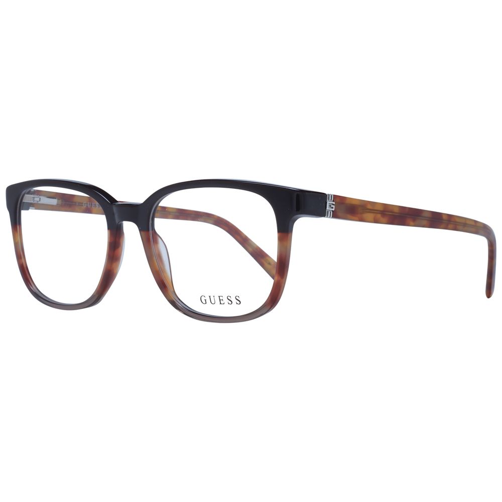 Guess Brown Men Glasses Frame with full-rim acetate and square style, size 53-18-145, featuring demo lenses and spring hinges.