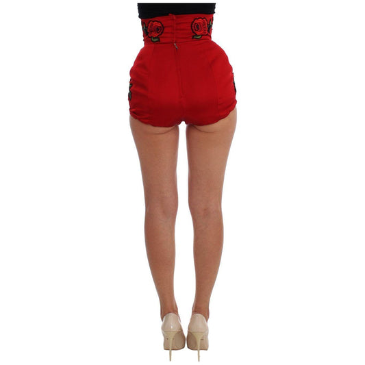 Dolce & Gabbana Red Silk Crystal Roses Shorts SIG20115-1
