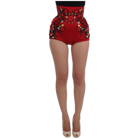 Dolce & Gabbana Red Silk Crystal Roses Shorts SIG20115-1