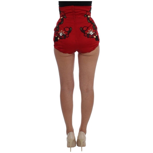 Dolce & Gabbana Red Silk Crystal Roses Shorts SIG20117-1