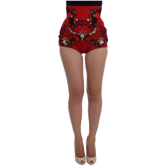 Dolce & Gabbana Red Silk Crystal Roses Shorts SIG20117-1
