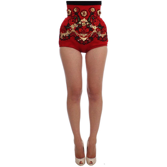 Dolce & Gabbana Red Silk Crystal Roses Shorts SIG20120-3