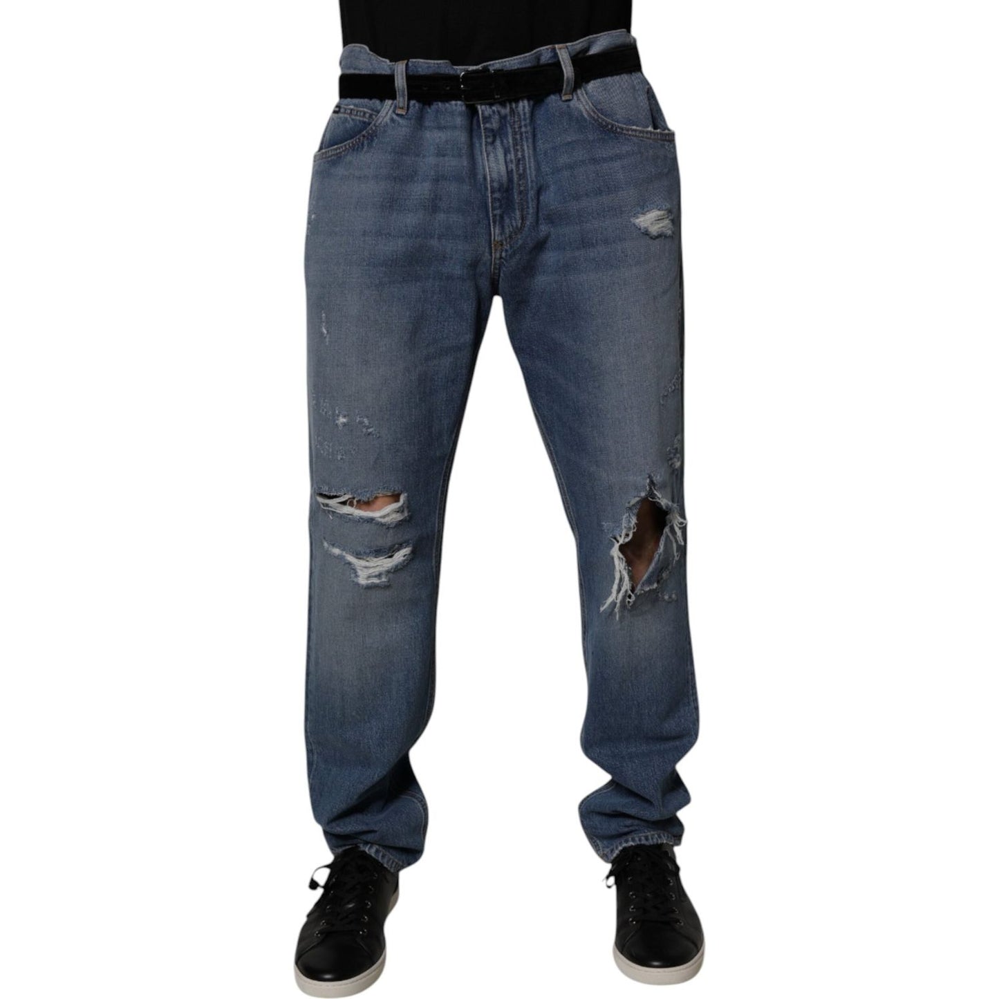 Dolce & Gabbana Blue Tattered Cotton Straight Denim Jeans PAN75209-56