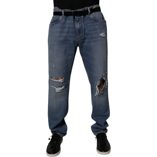 Dolce & Gabbana Blue Tattered Cotton Straight Denim Jeans PAN75209-56
