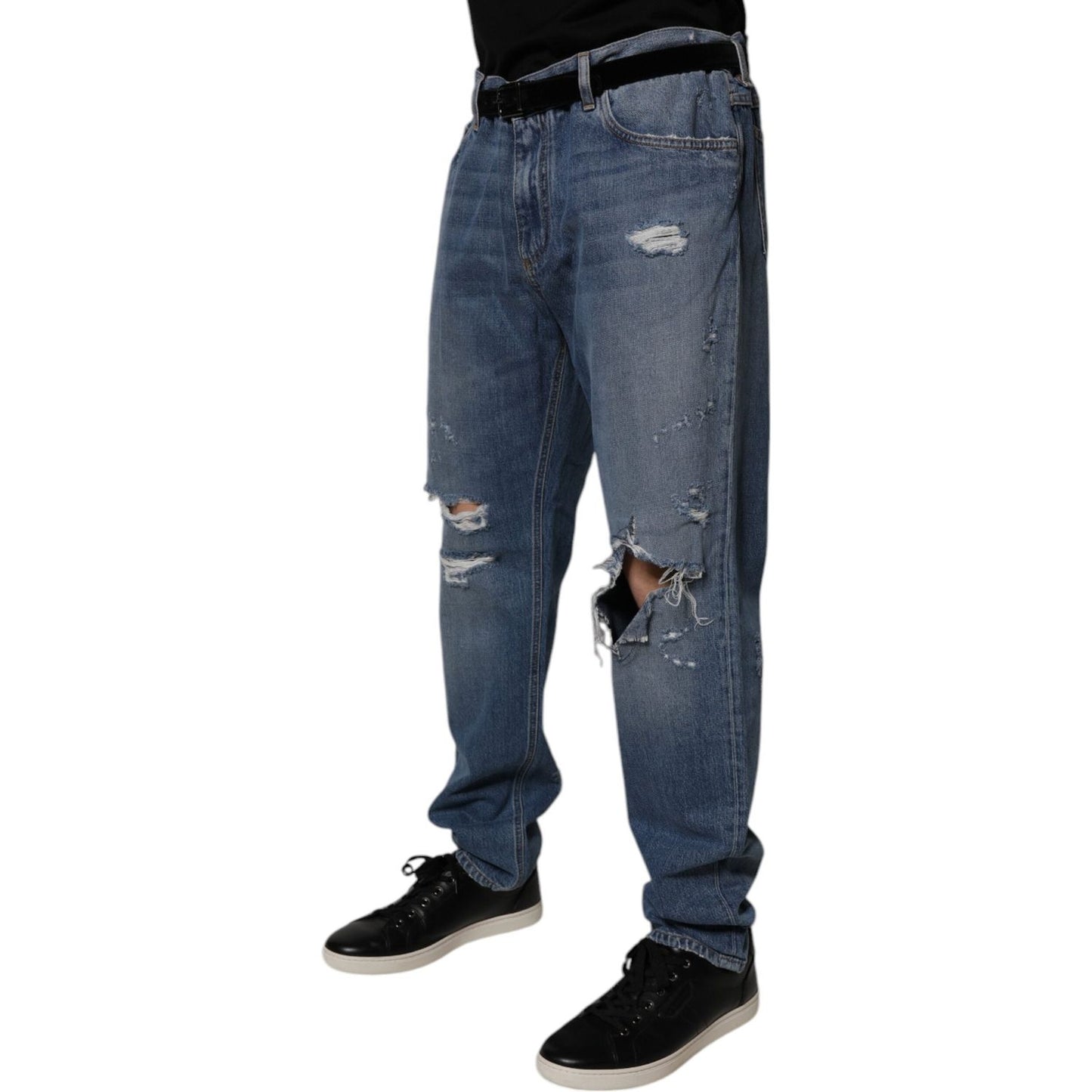 Dolce & Gabbana Blue Tattered Cotton Straight Denim Jeans PAN75209-56