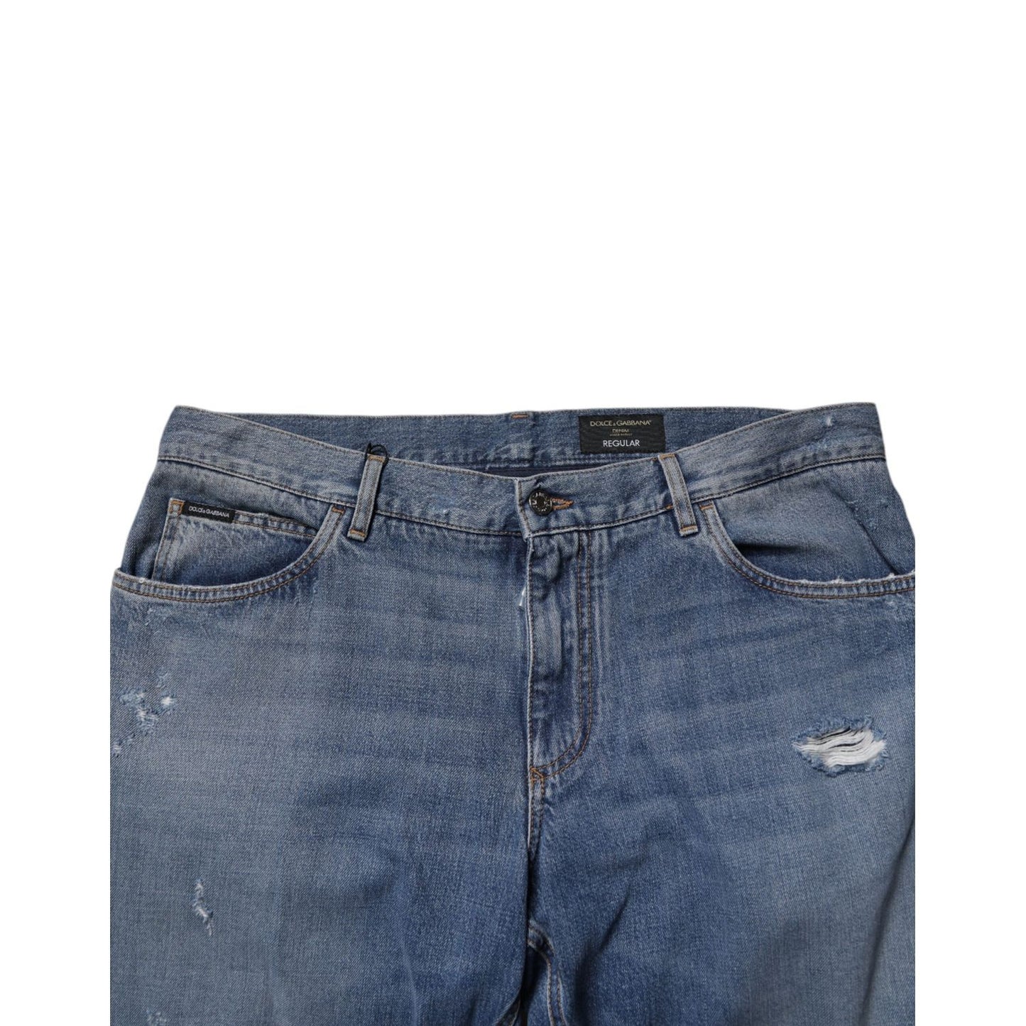 Dolce & Gabbana Blue Tattered Cotton Straight Denim Jeans