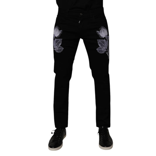 Dolce & Gabbana Black Floral Cotton Skinny Men Denim Jeans