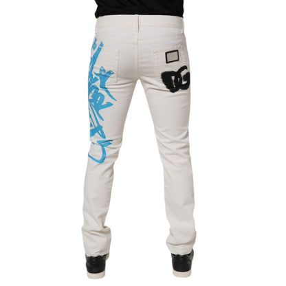 Dolce & Gabbana White Tattered Graffiti Skinny Denim Jeans