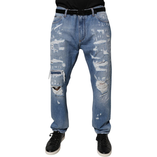 Dolce & Gabbana Blue Tattered Straight Cotton Denim Jeans