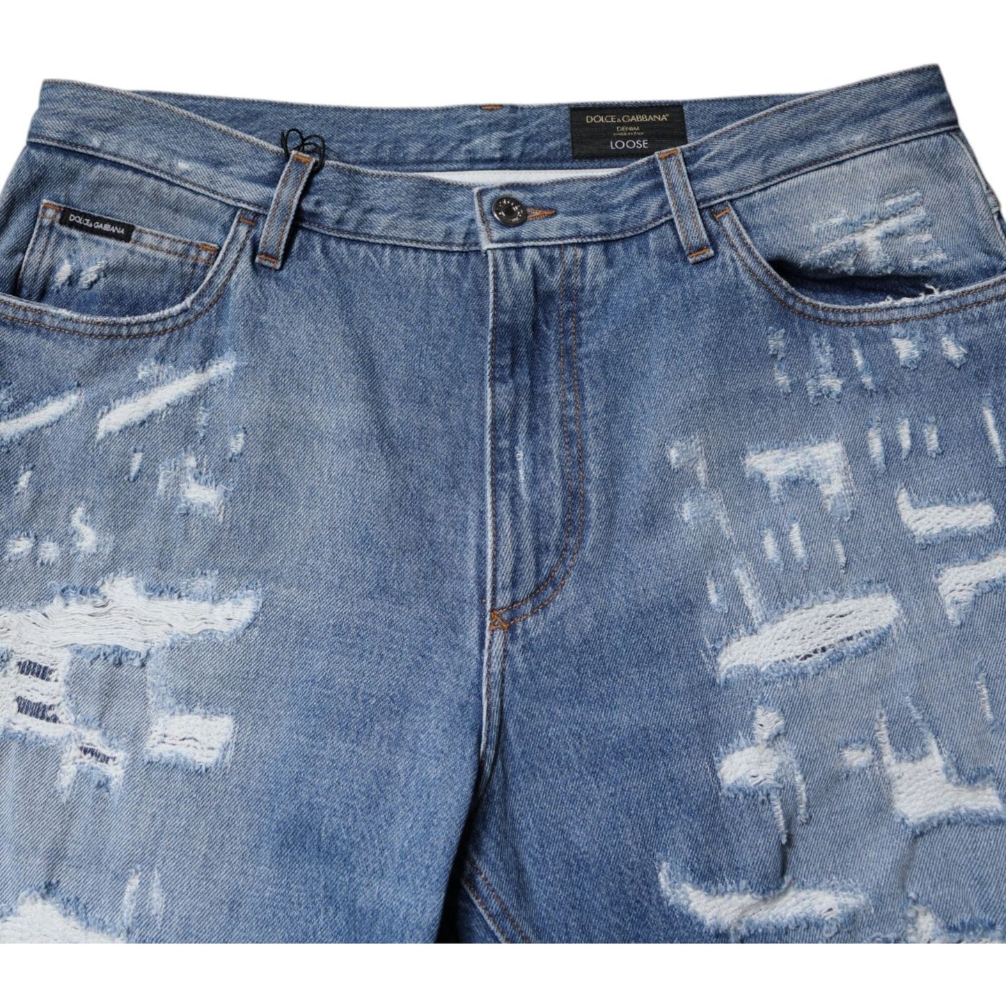 Dolce & Gabbana Blue Tattered Straight Cotton Denim Jeans PAN76174-52