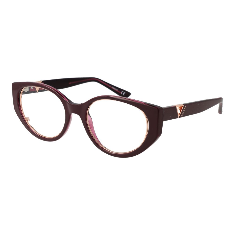 Guess Burgundy Women Glasses Frame with cat eye style, full-rim burgundy plastic frame, and demo lenses, size 52-20-140 with case.