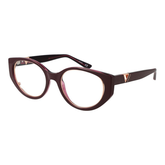 Guess Burgundy Women Glasses Frame with cat eye style, full-rim burgundy plastic frame, and demo lenses, size 52-20-140 with case.