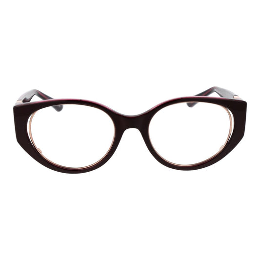 Guess Burgundy Women Glasses Frame in full-rim cat eye style, burgundy color with plastic lenses and frame, front view.