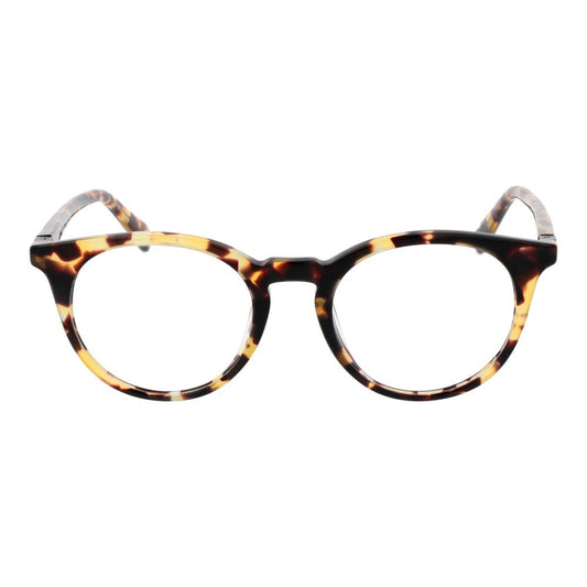 Guess Brown Women Glasses Frame, full-rim acetate, round style with 48-19-145 dimensions, tortoiseshell pattern.