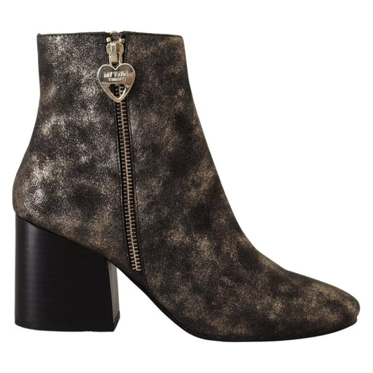 MY TWIN Black Leather Block Heels Ankle Boots Zipper Shoes LA9392-37