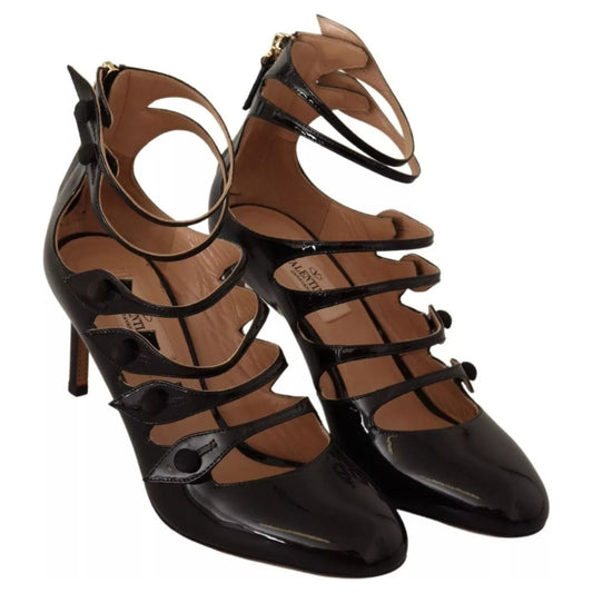 Valentino Black Multi Strap Leather Mid Heels Pumps Shoes LA9396-36.5