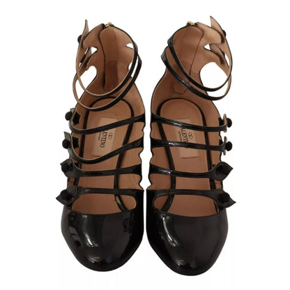 Valentino Black Multi Strap Leather Mid Heels Pumps Shoes