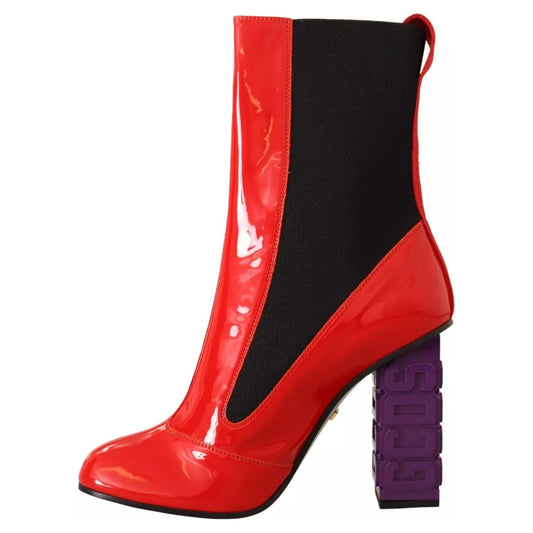 GCDS Red Leather Black Fabric Logo Heel Ankle Boots Shoes LA9411-37