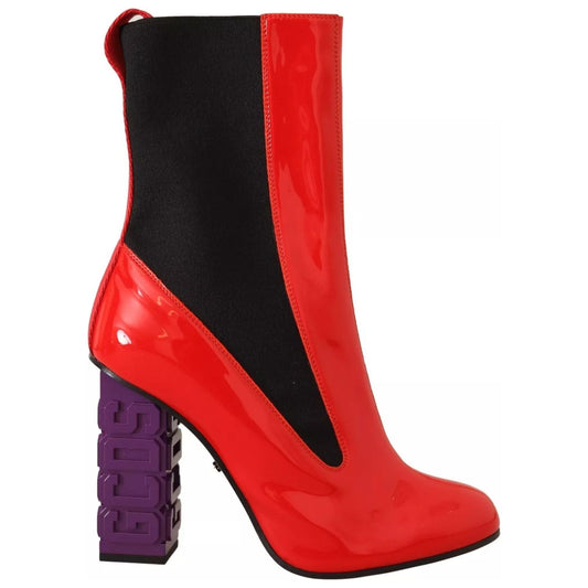 GCDS Red Leather Black Fabric Logo Heel Ankle Boots Shoes LA9411-37