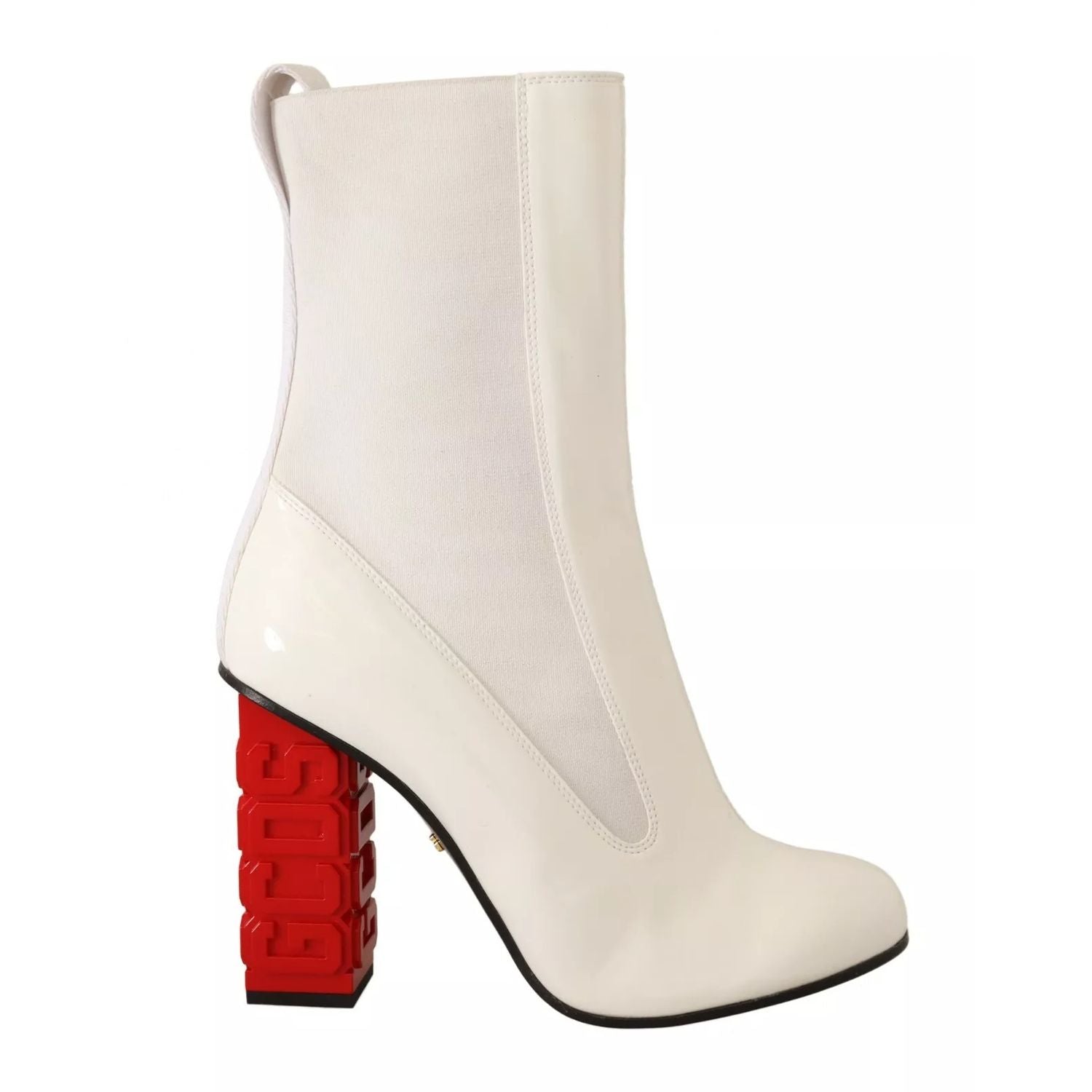 GCDS White Leather Fabric Red Logo Heel Ankle Boots Shoes