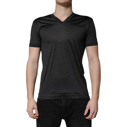 Dolce & Gabbana Dark Gray Silk V-neck Short Sleeves T-shirt