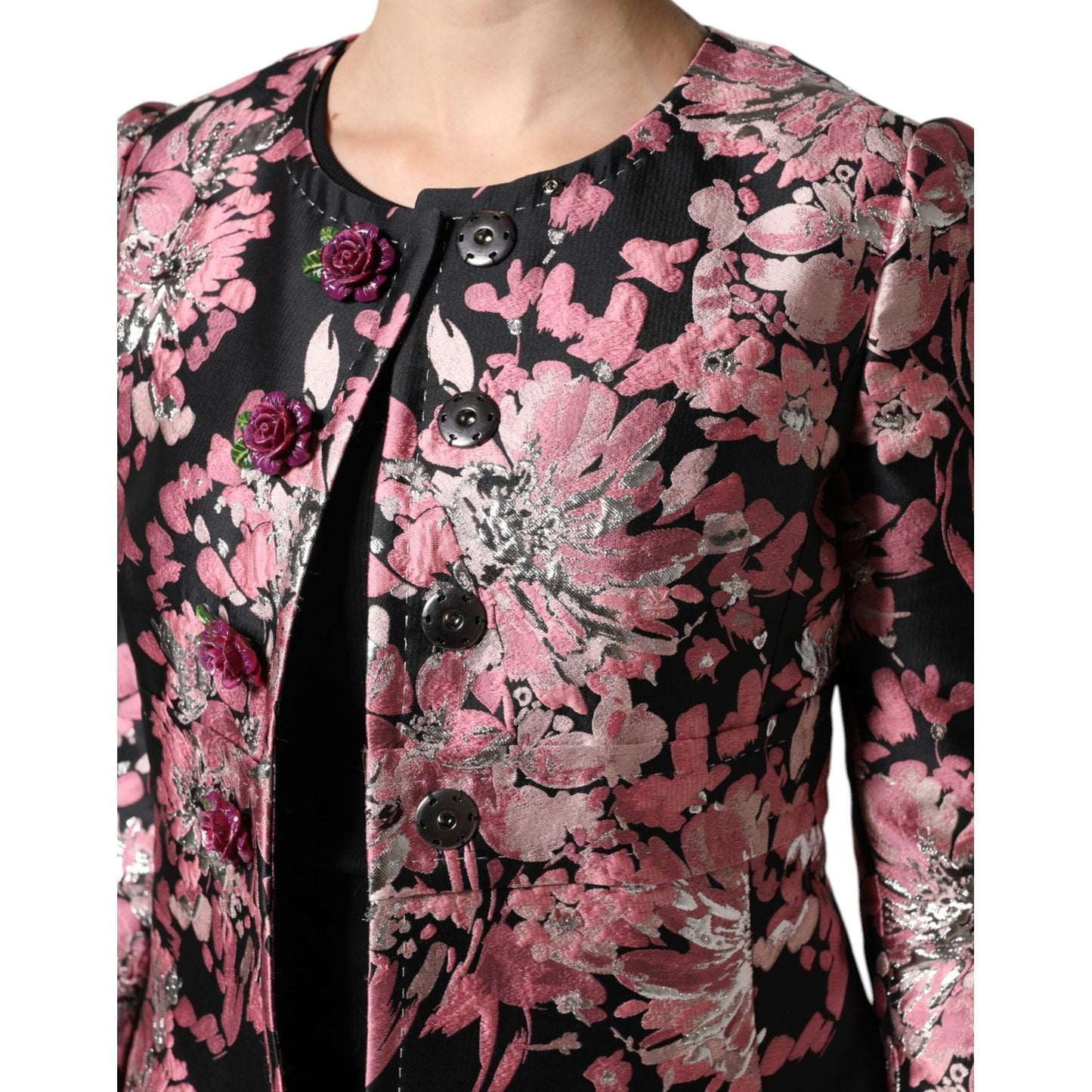 Dolce & Gabbana Pink Black Floral Brocade Trenchcoat Jacket JKT41386-38