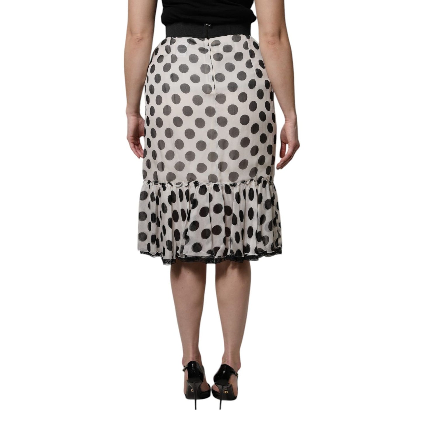 Dolce & Gabbana White Black Polka Dots Knee Length Skirt