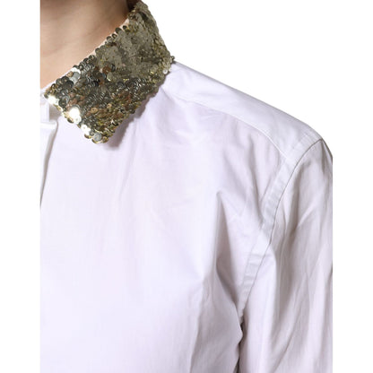 Dolce & Gabbana White Cotton Long Sleeves Sequin Shirt Top