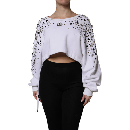 Dolce & Gabbana White Embellished Long Sleeve Cropped Sweater TSH90103-40