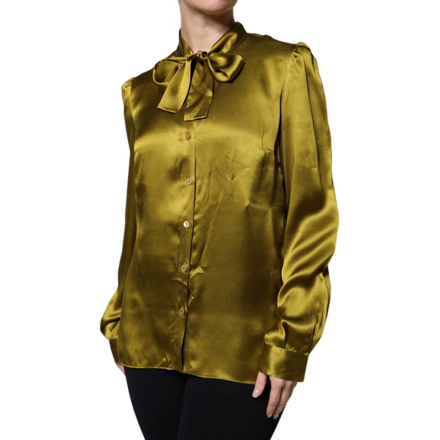 Dolce & Gabbana Olive Green Ascot Collar Long Sleeve Blouse Top