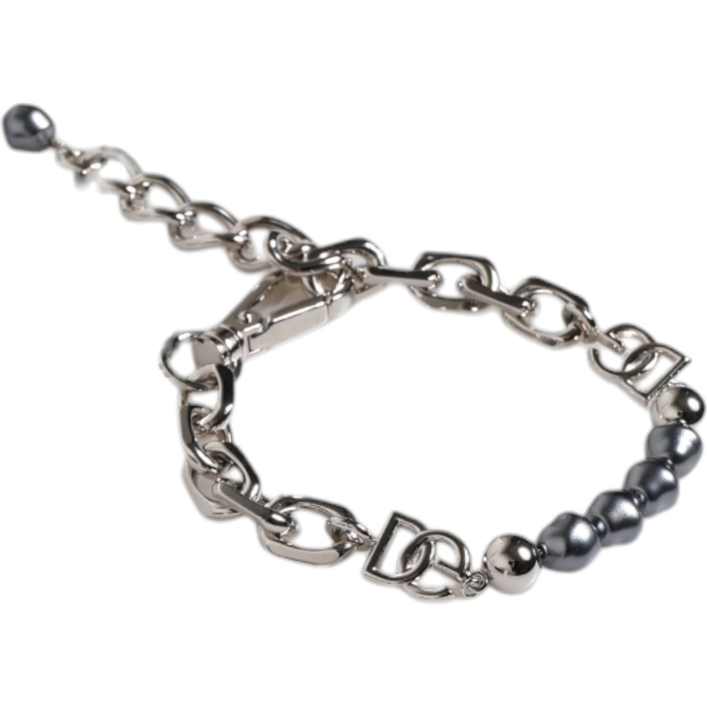 Dolce & Gabbana Silver Tone Chain Lobster Clasp Logo Gray Pearls Bracelet SMY10436