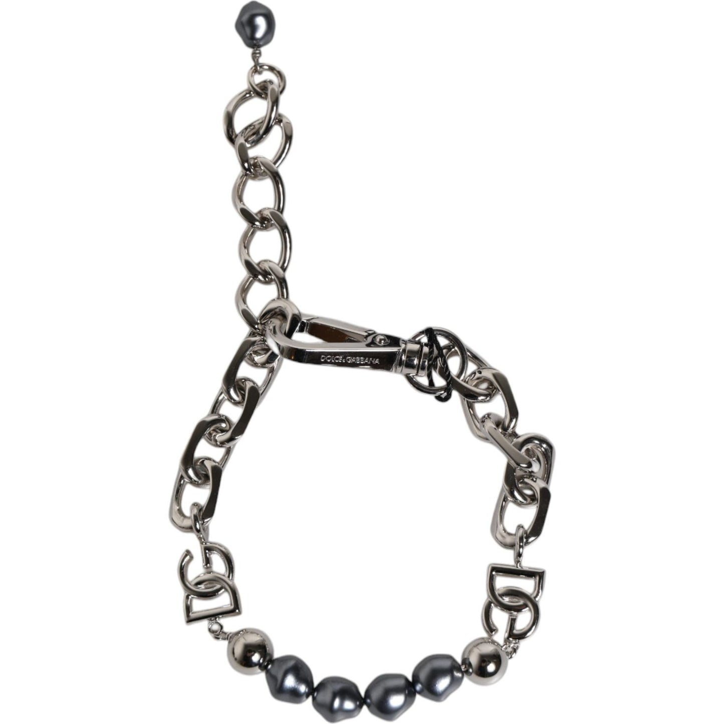 Dolce & Gabbana Silver Tone Chain Lobster Clasp Logo Gray Pearls Bracelet SMY10436