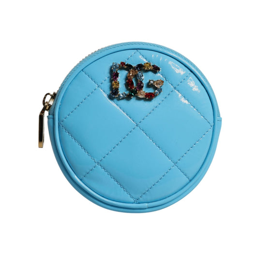 Dolce & Gabbana Light Blue Lamb Leather DG Crystal Round Coin Purse Wallet