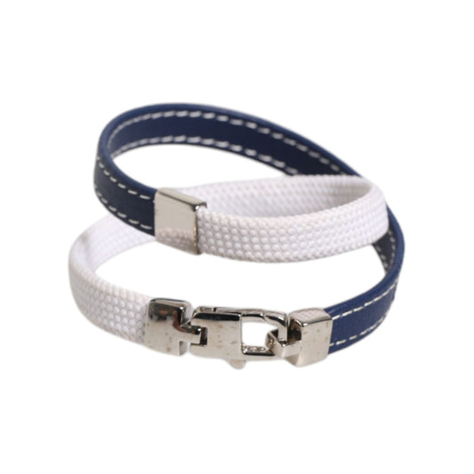Dolce & Gabbana Blue White Leather Trimmed DG Engraved Silver Tone Clasp Bracelet SMY10689