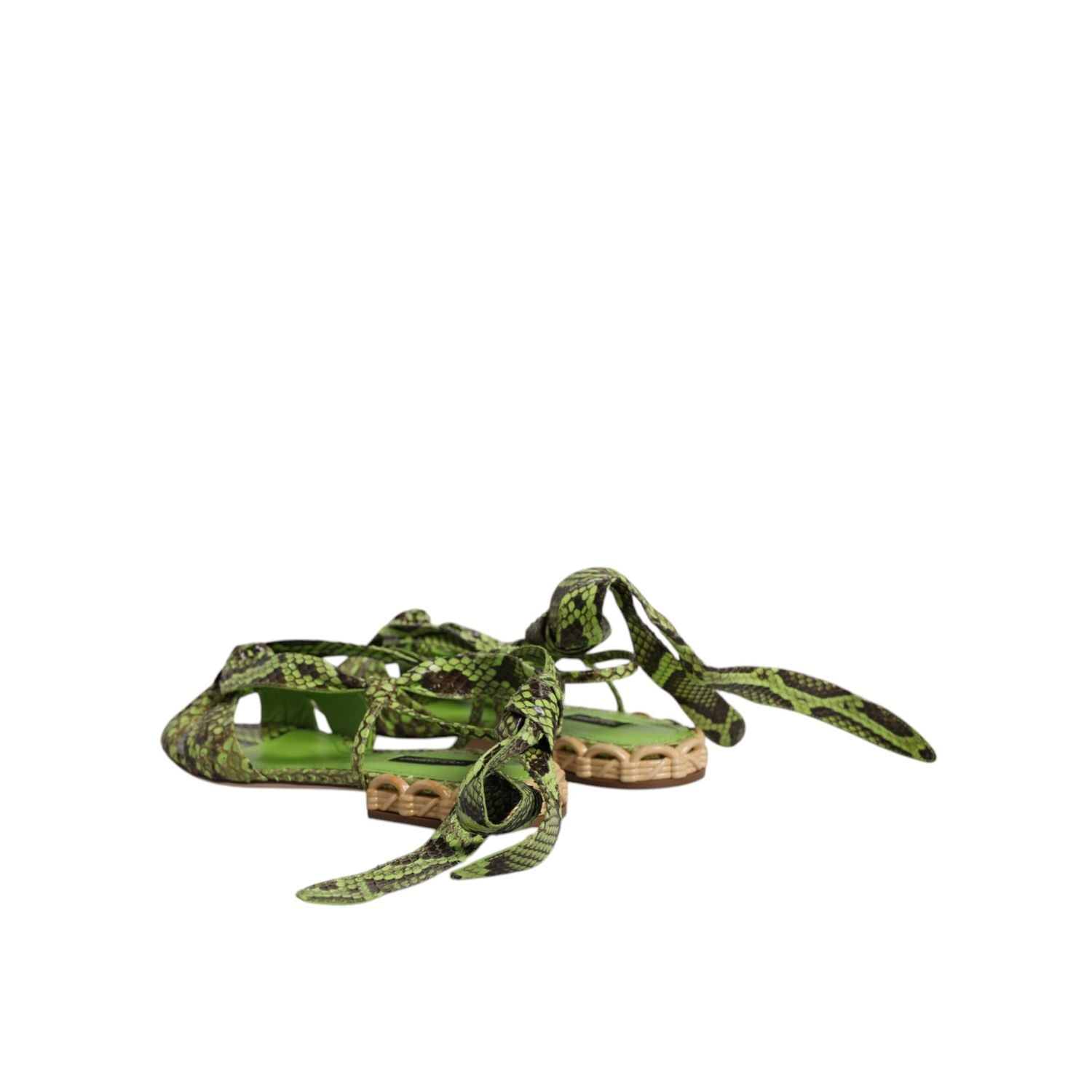 Dolce & Gabbana Green Animal Print Ankle Wrap Sandals Shoes