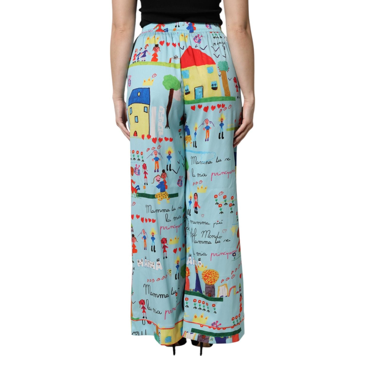 Dolce & Gabbana Light Blue Drawing Mid Waist Wide Leg Pants