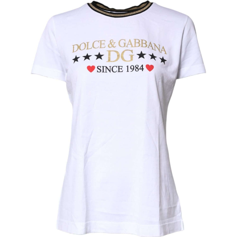 Dolce & Gabbana White Printed Round Neck Top Cotton T-shirt TSH87361-36