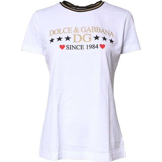 Dolce & Gabbana White Printed Round Neck Top Cotton T-shirt TSH87361-36
